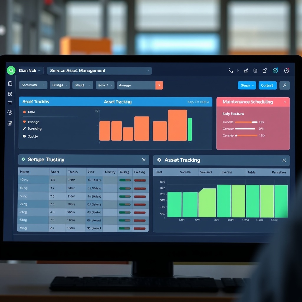 A professional stock photo showing a digital dashboard with asset tracking and maintenance scheduling features, highlighting the core components of service asset management.
