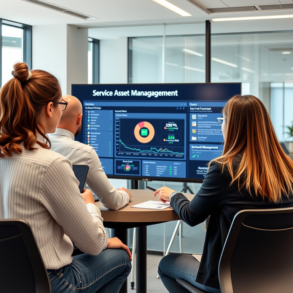 A professional stock photo of a team in a modern office setting, collaboratively working on setting up a service asset management system on a large screen.