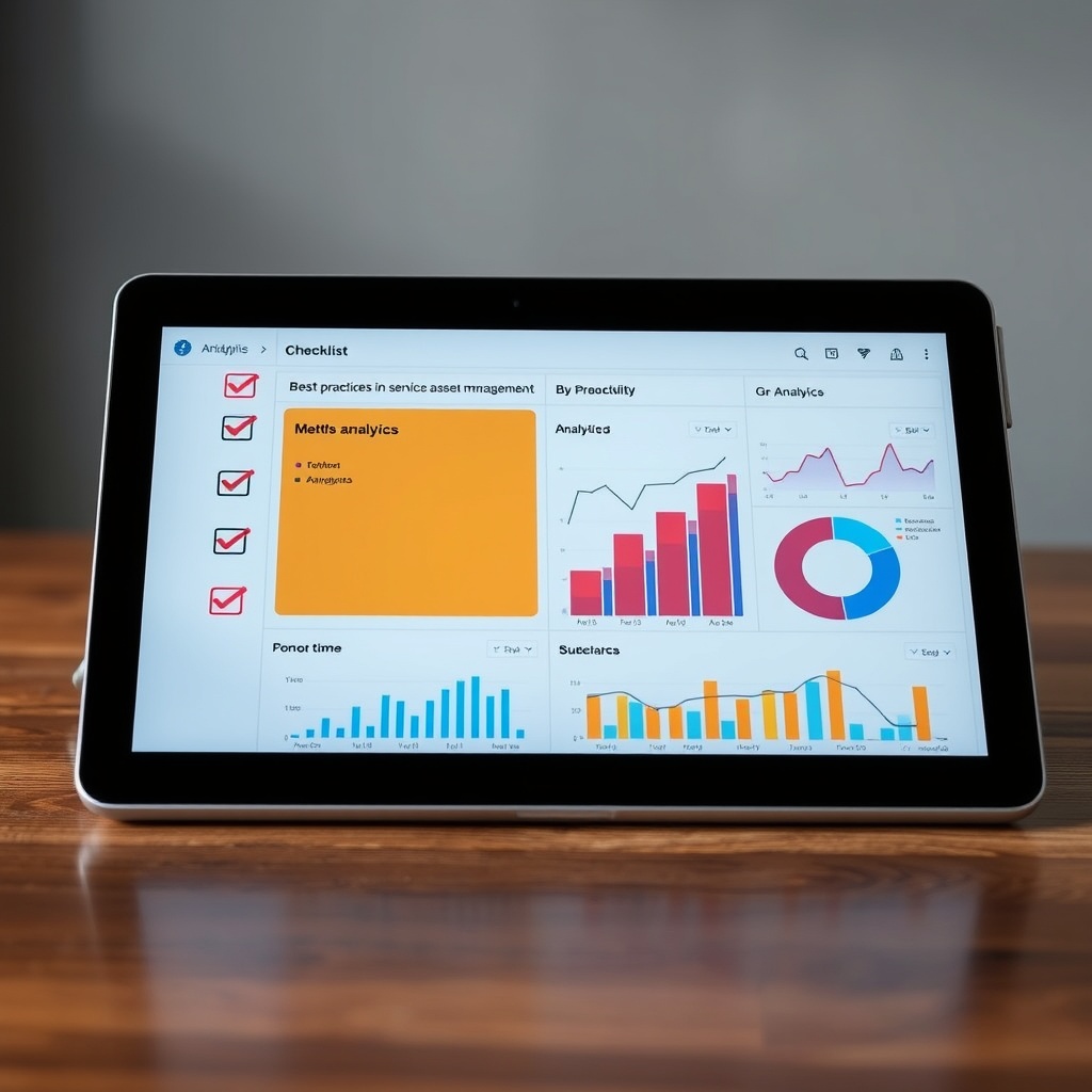 A professional stock photo depicting a checklist and analytics dashboard on a tablet, symbolizing best practices in service asset management.