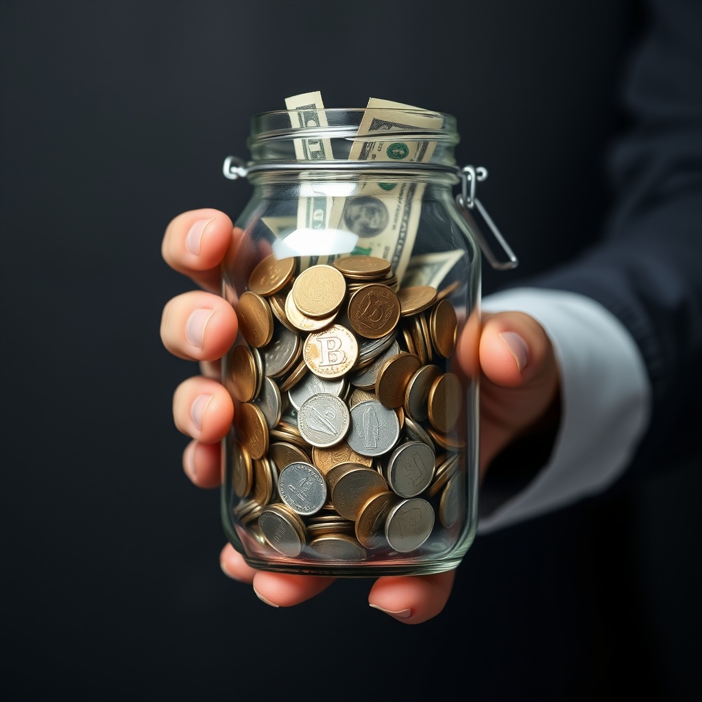 A professional stock photo of a hand holding a glass jar filled with coins and dollar bills, symbolizing financial flexibility and emergency preparedness.