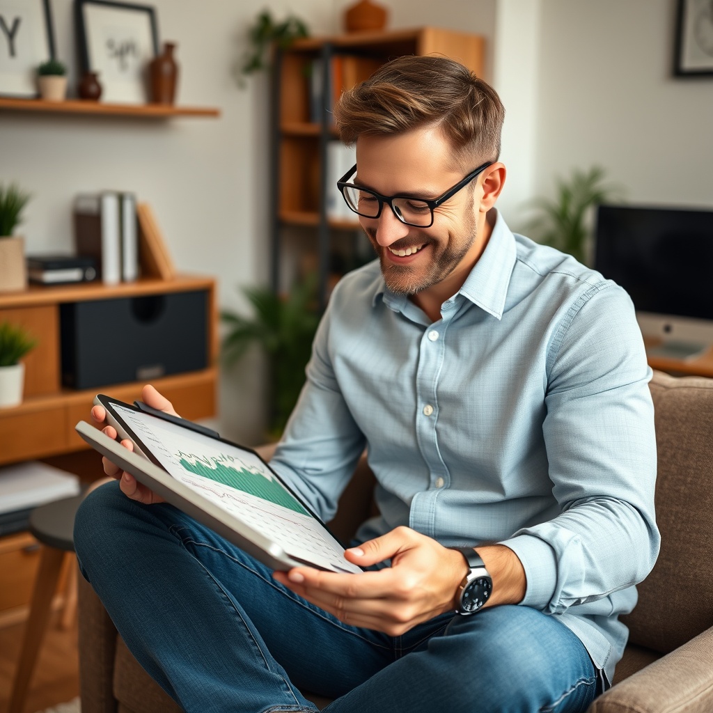 A professional image of a happy investor reviewing their portfolio growth on a tablet, sitting in a cozy home office setting.
