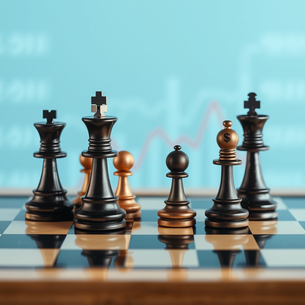 A professional stock photo of a chessboard with financial symbols like dollar signs and stock graphs as pieces, representing strategic investment planning.