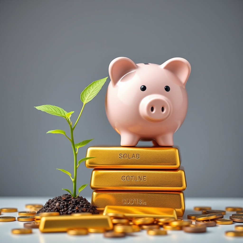 A professional stock photo of a piggy bank on a stack of gold bars with a green plant growing beside it, symbolizing growth and smart saving techniques.