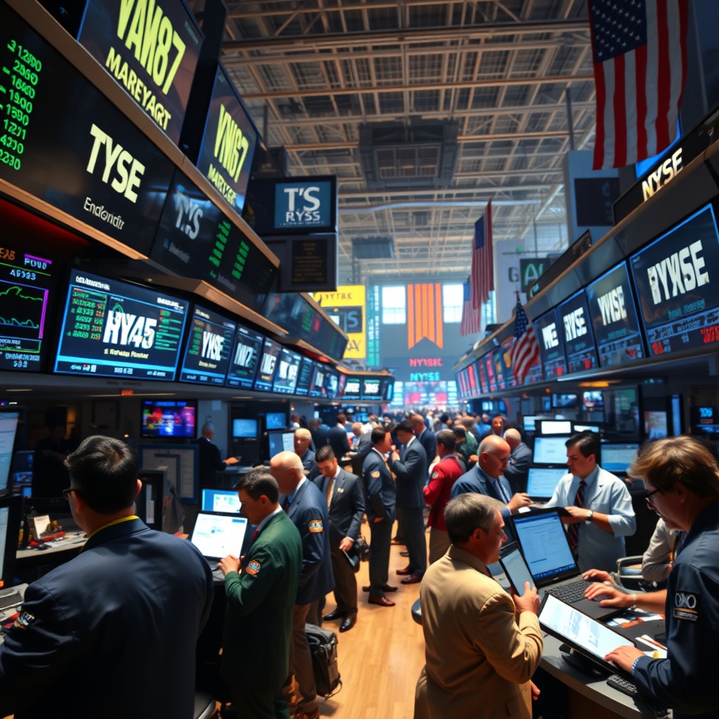 A dynamic stock market floor with traders in action, reflecting the intense market perceptions and reactions to the Big Three's moves.