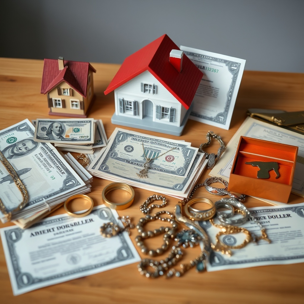 A professional stock photo of a diverse collection of assets including cash, a house, jewelry, and stock certificates neatly arranged on a table.