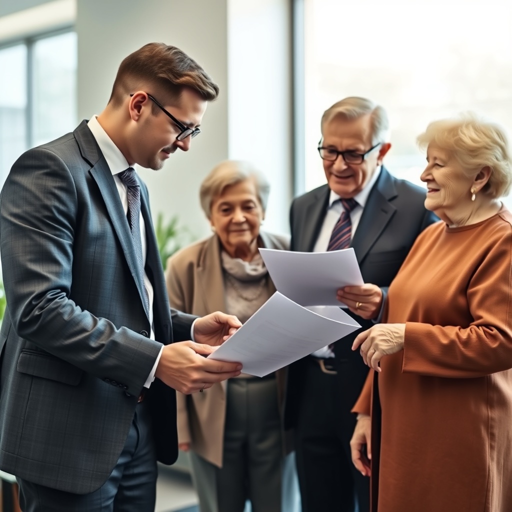 A professional stock photo of a lawyer and a financial advisor discussing documents with an elderly couple in a well-lit office.