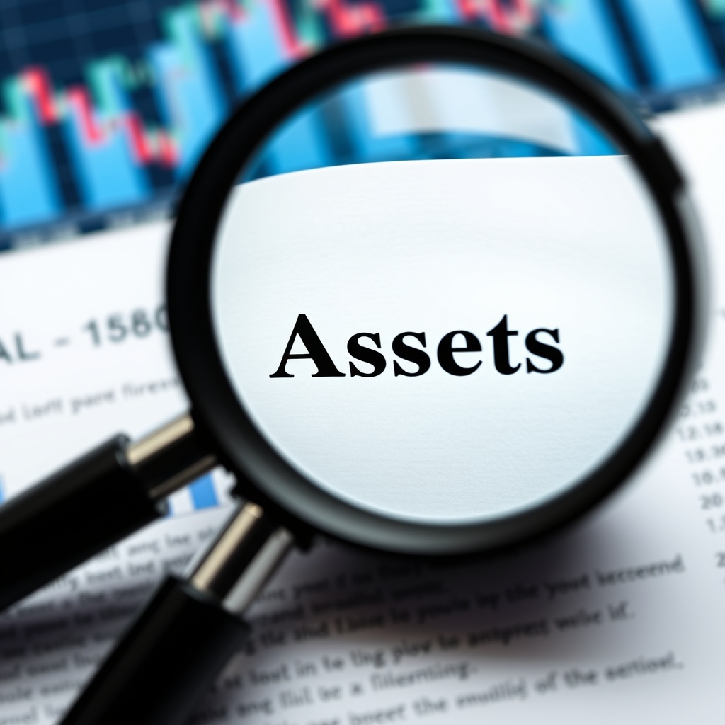 A professional stock photo of a document with a magnifying glass focusing on the term 'Assets' with a blurred background of financial charts.