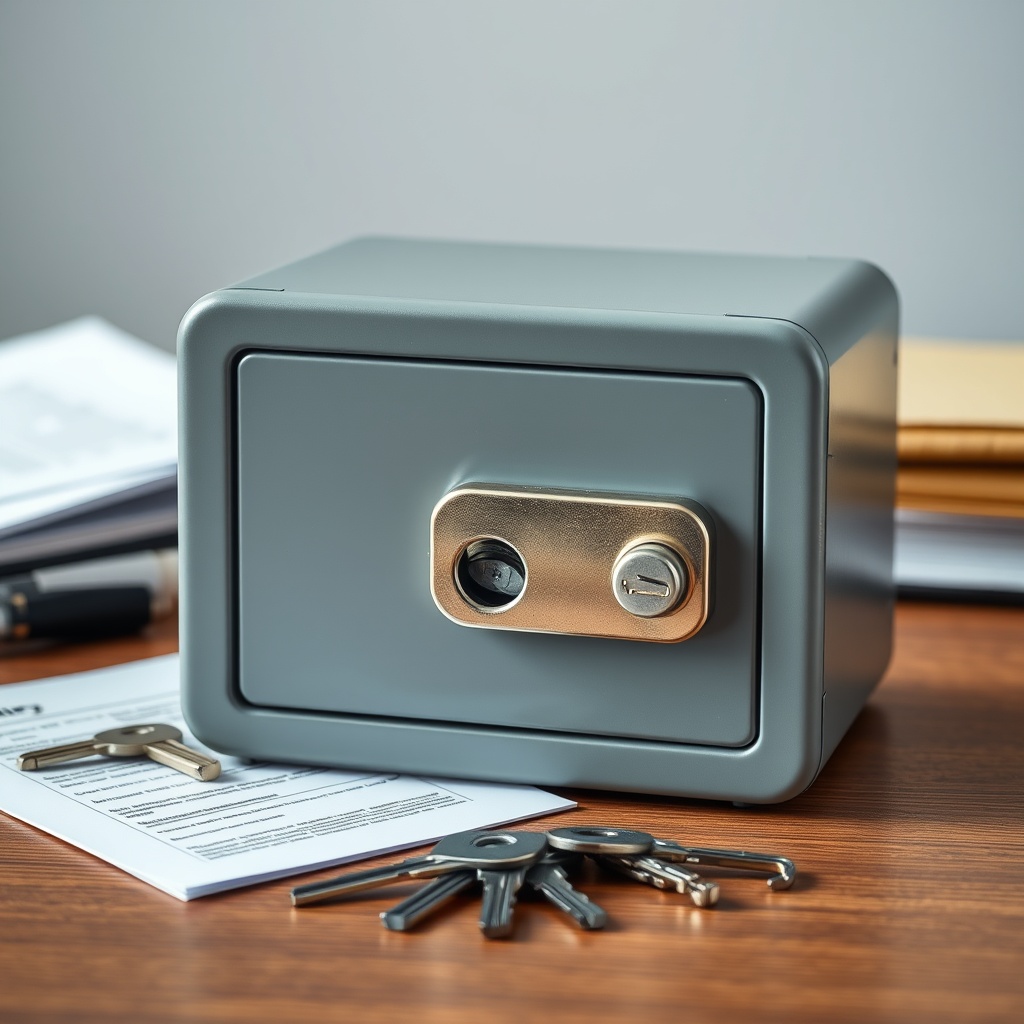 A professional stock photo of a secure lockbox on a table with keys and documents around it, symbolizing escrow accounts.