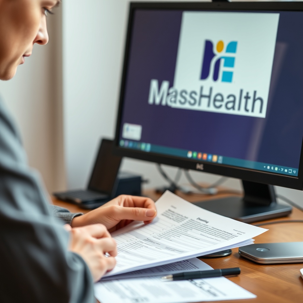 A professional stock photo of a person reviewing documents with a MassHealth logo visible on a computer screen in the background.