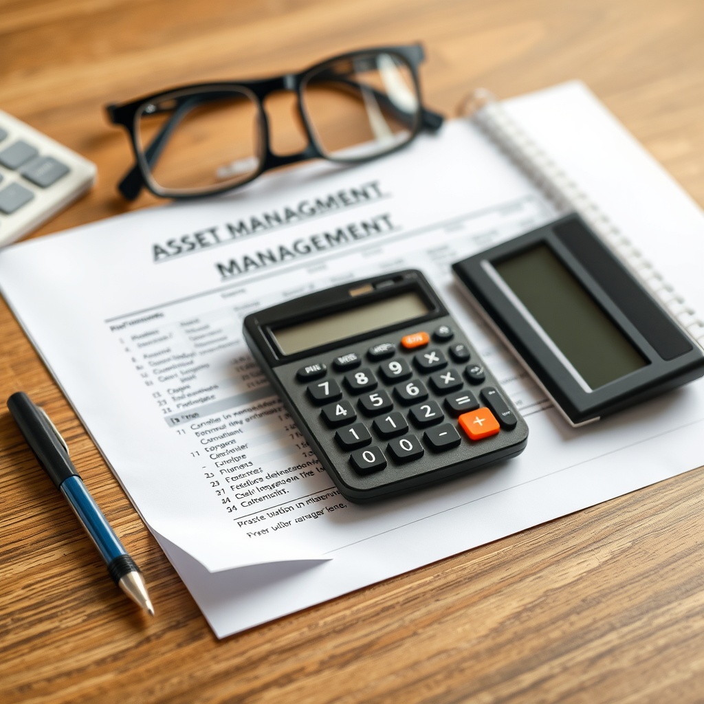 A professional stock photo of a neatly organized financial document with a calculator and glasses on a wooden desk, symbolizing asset management.