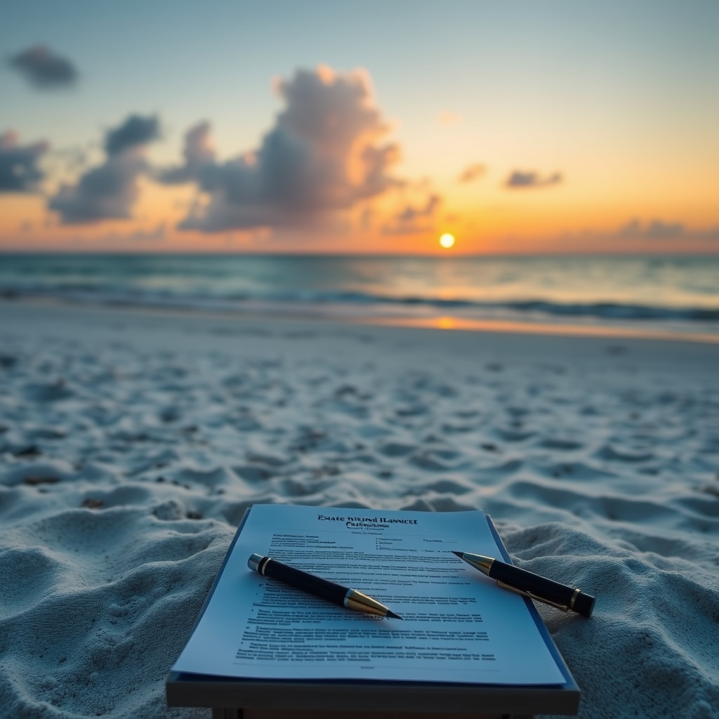 A serene Florida beach at sunset with a legal document and a pen placed on a small table, symbolizing estate planning without probate.