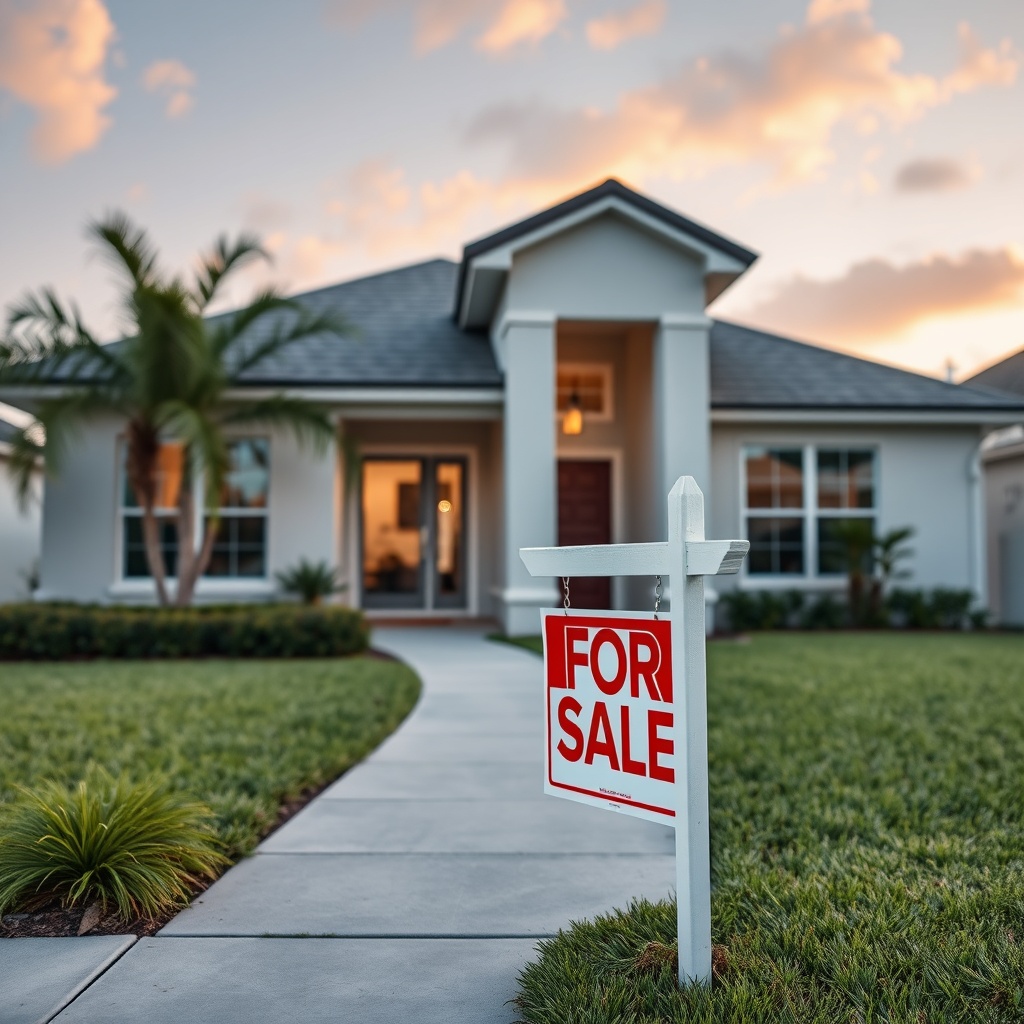 A modern home in Florida with a 'For Sale' sign in the front yard, representing homestead exemption and its impact on probate.