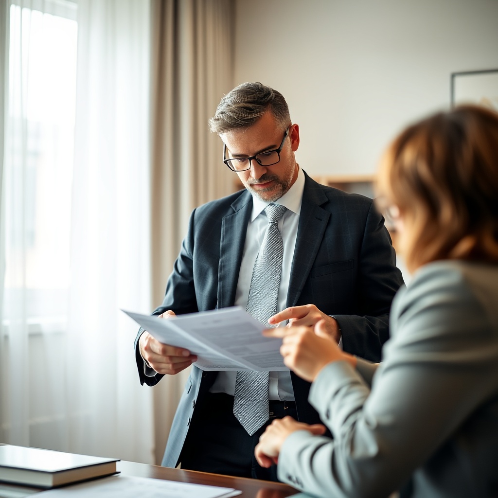 A professional attorney in a suit reviewing documents with a client in a well-lit office, highlighting the importance of legal advice in probate matters.