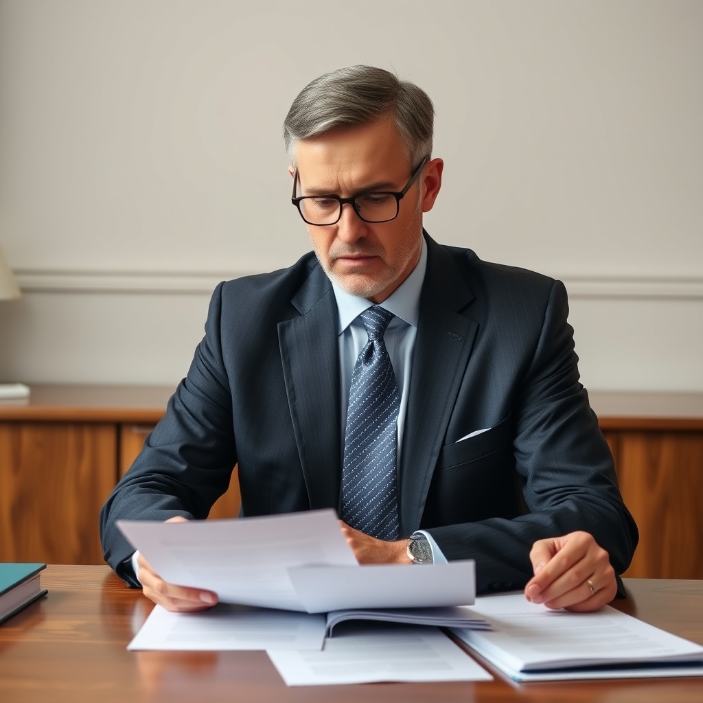 A professional stock photo depicting a trustee in a formal setting, reviewing documents with a serious expression, symbolizing the role and responsibilities in a family trust.