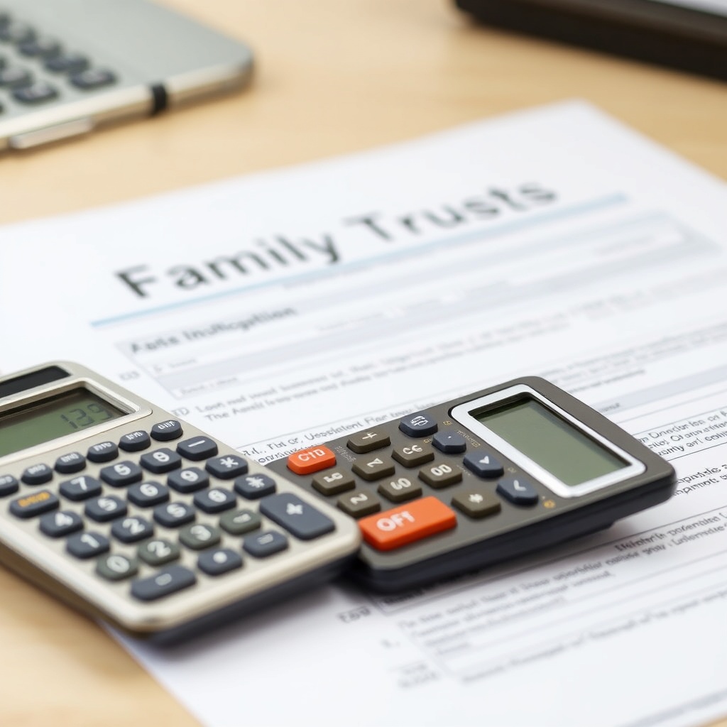 A professional stock photo illustrating a tax document and a calculator on a desk, symbolizing the tax implications and considerations of family trusts.