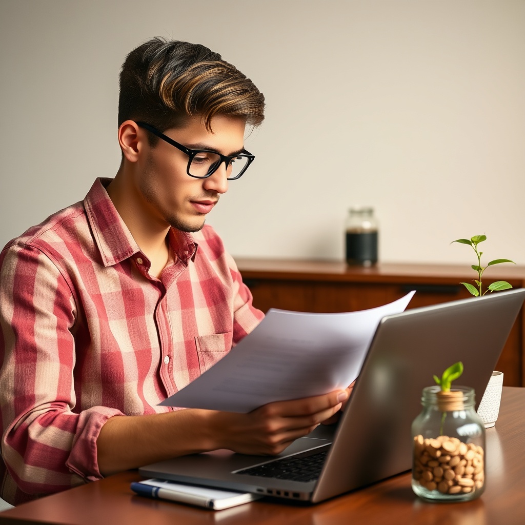 A young professional in their 20s reviewing financial documents on a laptop, with a savings jar and a small plant in the background, symbolizing early financial planning and growth.