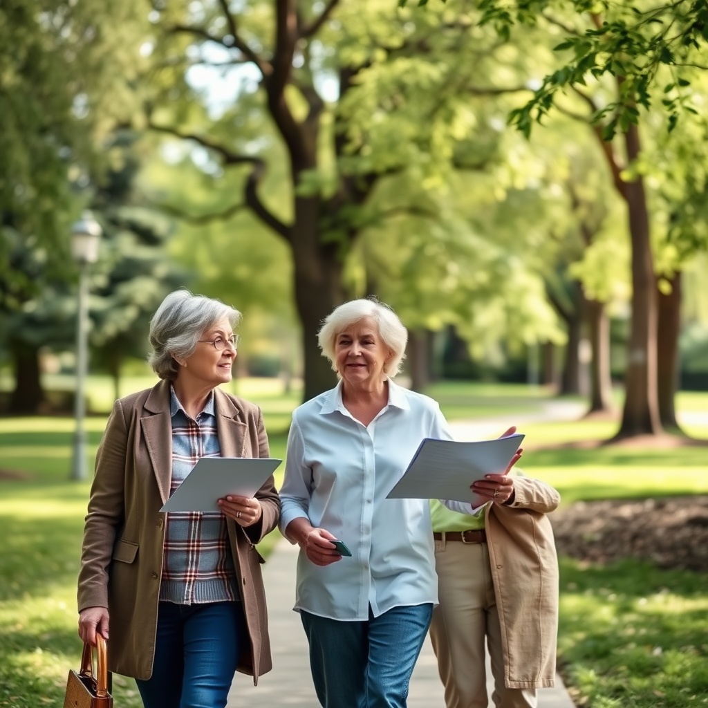 A couple in their 50s or 60s walking through a peaceful park, discussing retirement plans with a financial advisor, symbolizing security and planning for the future.