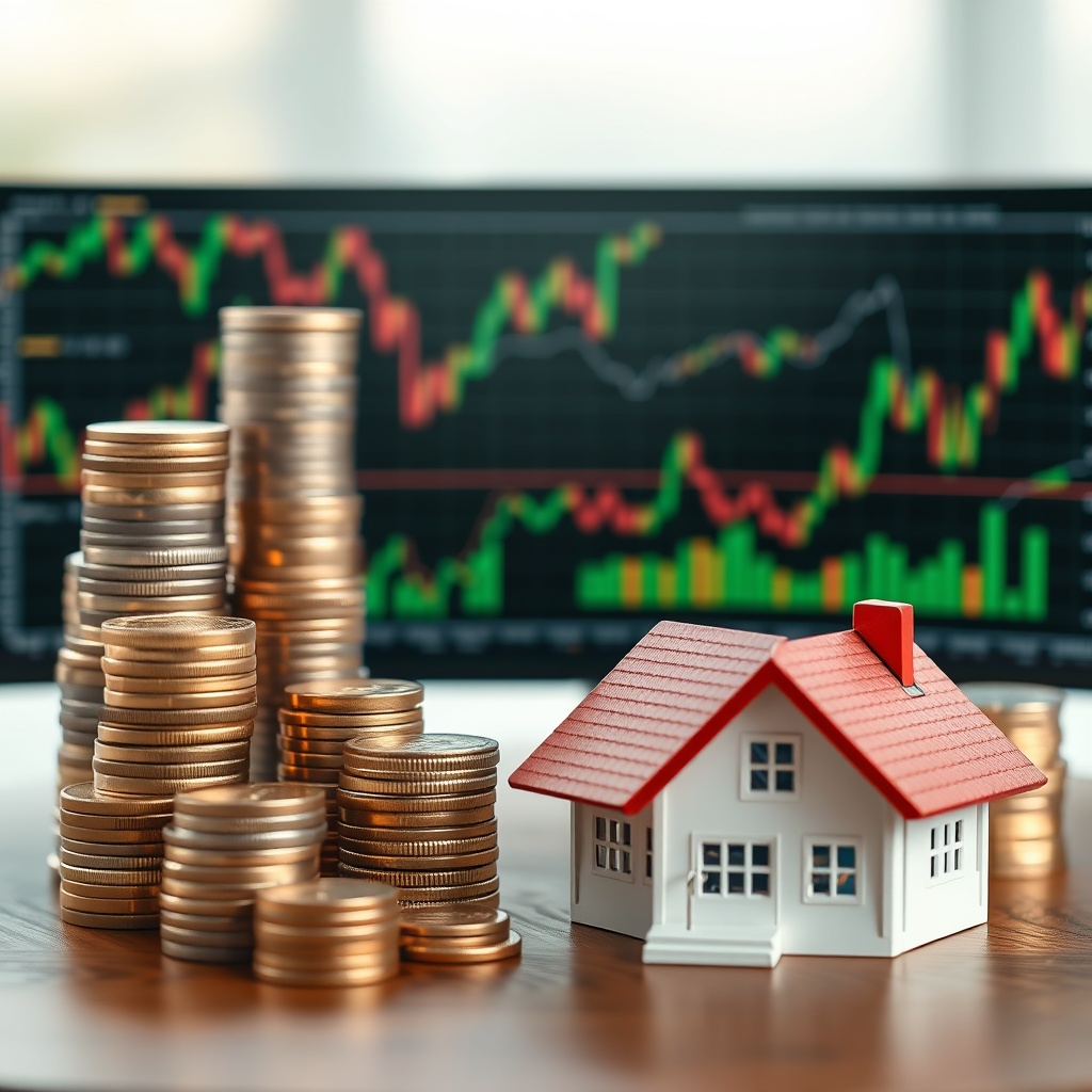 A diverse portfolio visualization with stacks of coins, stock market graphs, and a house model on a table, representing investment vehicles for wealth accumulation.