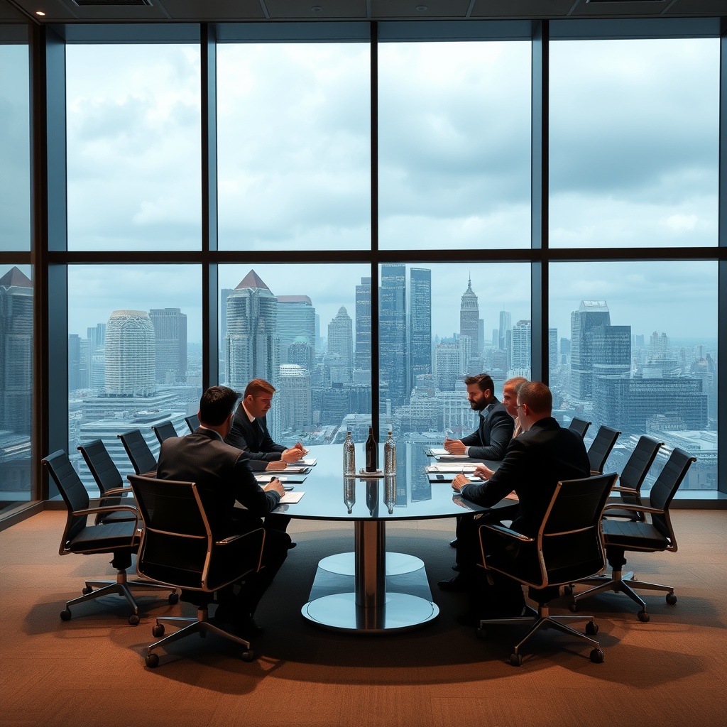 A high-level corporate meeting in a glass-walled conference room with executives discussing ownership structures, with a city skyline visible through the windows.