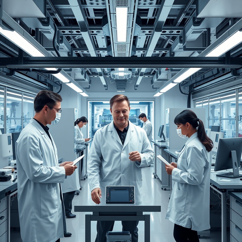 A high-tech laboratory with scientists working on innovative technology, symbolising Elon Musk's ventures in technology and innovation, with a clean and professional aesthetic.