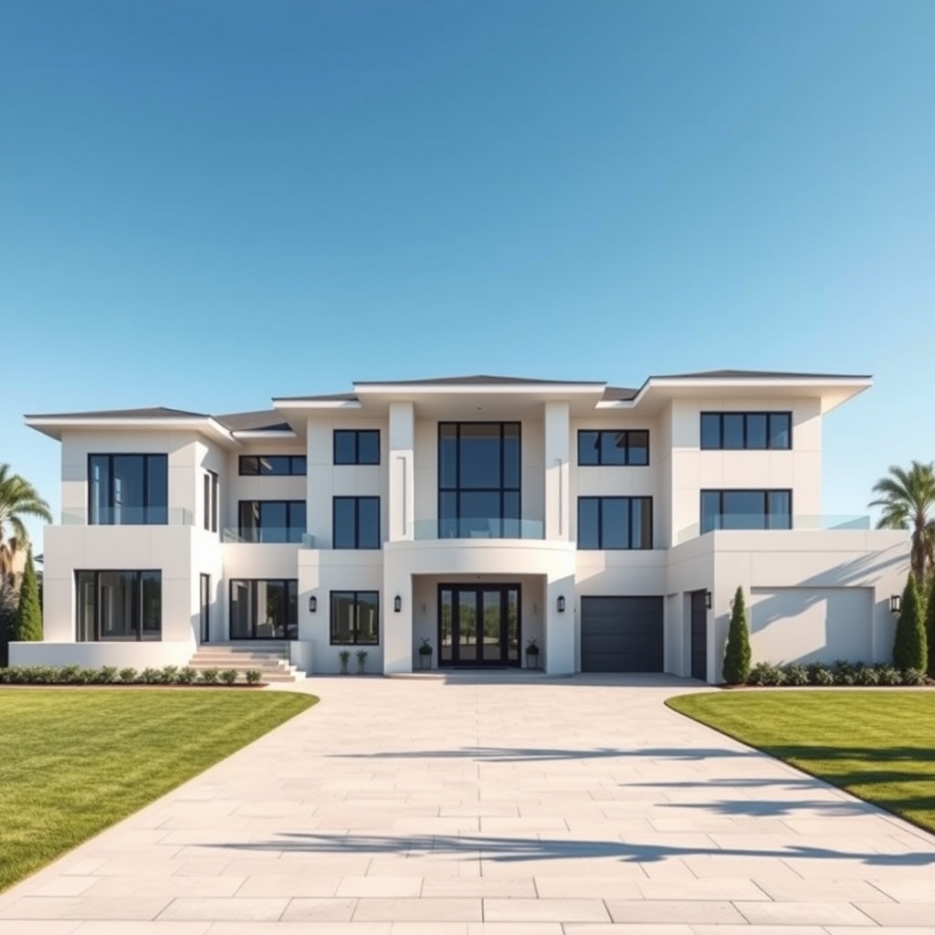 A luxurious modern mansion with sleek architecture and a spacious driveway, representing Elon Musk's real estate holdings, under a clear blue sky for a professional stock photo look.