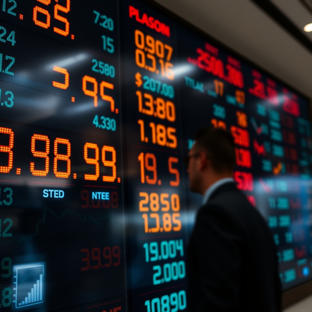 A dynamic stock market ticker board with fluctuating numbers in the background, symbolizing the impact of public perception and media coverage on financial standings, in a professional setting.
