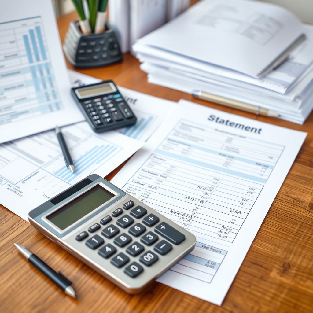 A professional workspace with neatly organized financial documents and a calculator on a desk, symbolizing the preparation of financial statements.