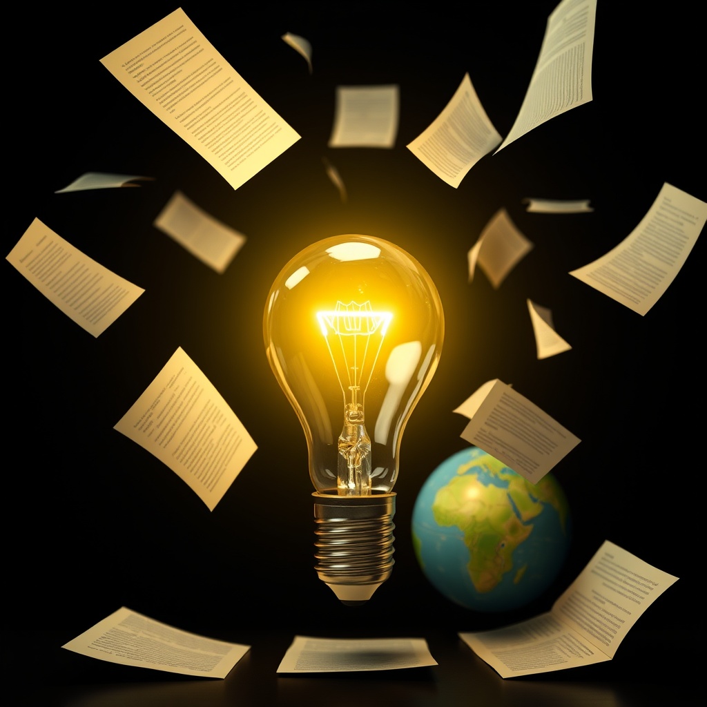 A conceptual image of a lightbulb surrounded by floating documents and a globe, representing the valuation of intangible assets like intellectual property and goodwill.