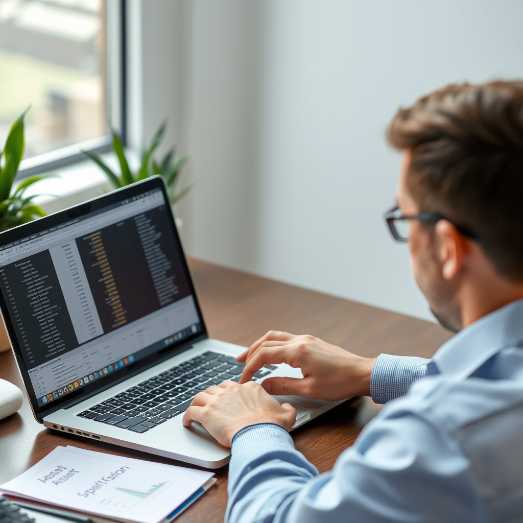 A financial analyst working on a laptop with a spreadsheet open, showing the summation of various asset columns, illustrating the process of combining all assets.