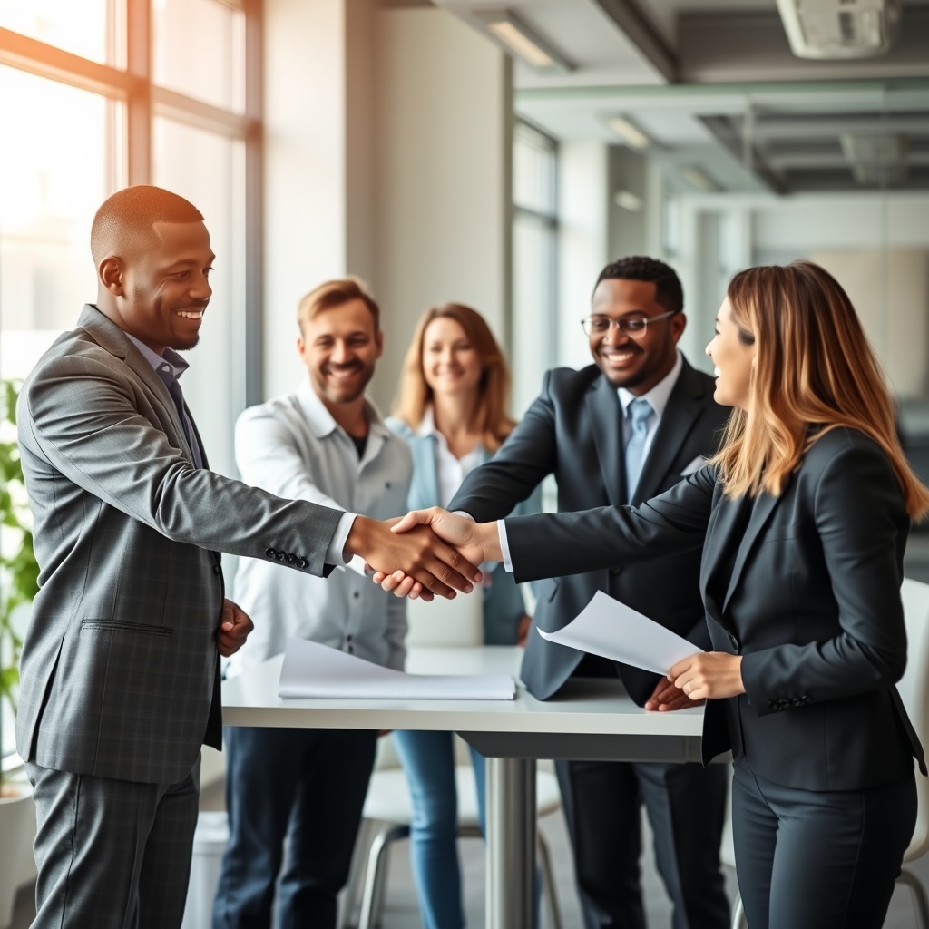 A professional stock photo of a diverse group of business people shaking hands in a modern office setting, symbolizing the start or expansion of a business with loans.