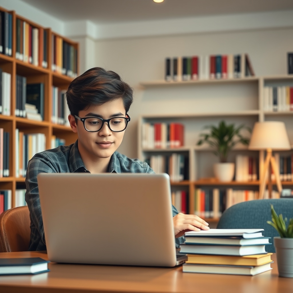 A professional stock photo of a young professional studying or working on a laptop in a library or home office, representing the use of debt for education and career advancement.