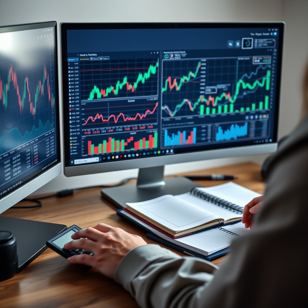 A professional stock photo of a person analyzing financial charts on a computer screen with a calculator and notebook nearby, illustrating risk management in debt-fueled investments.