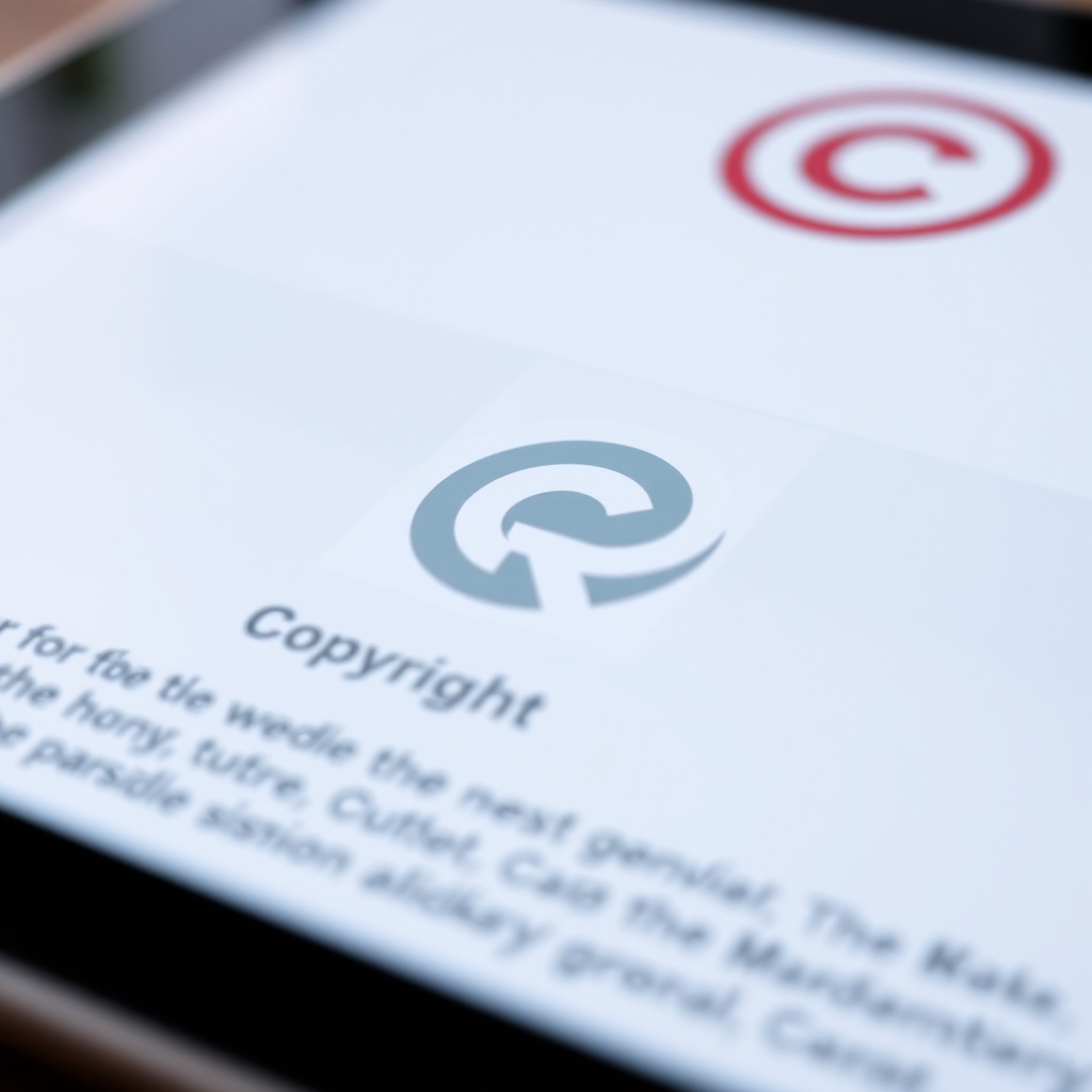 A close-up of a legal document with a digital tablet displaying copyright symbols in the background.