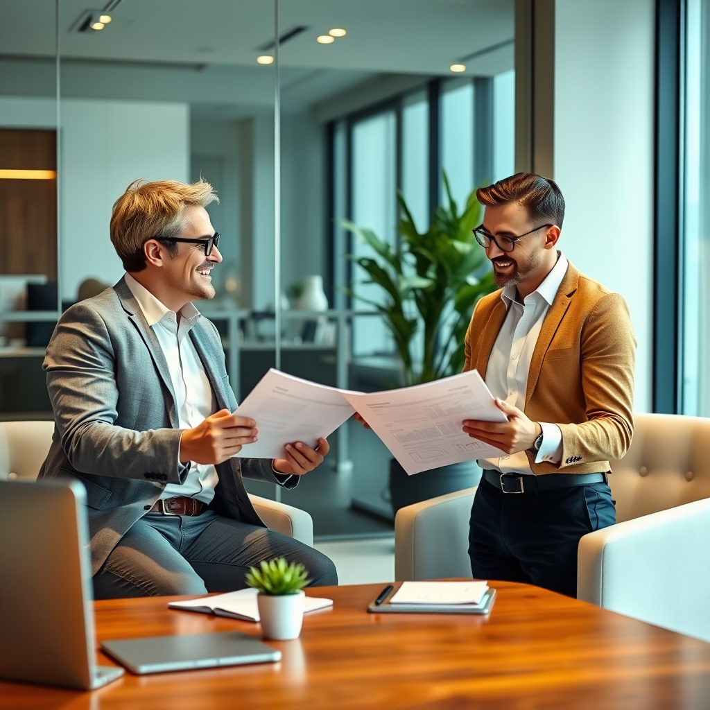 A professional stock photo of a financial advisor presenting a personalized financial plan to a satisfied client in a sleek, modern office setting, with a focus on trust and collaboration.