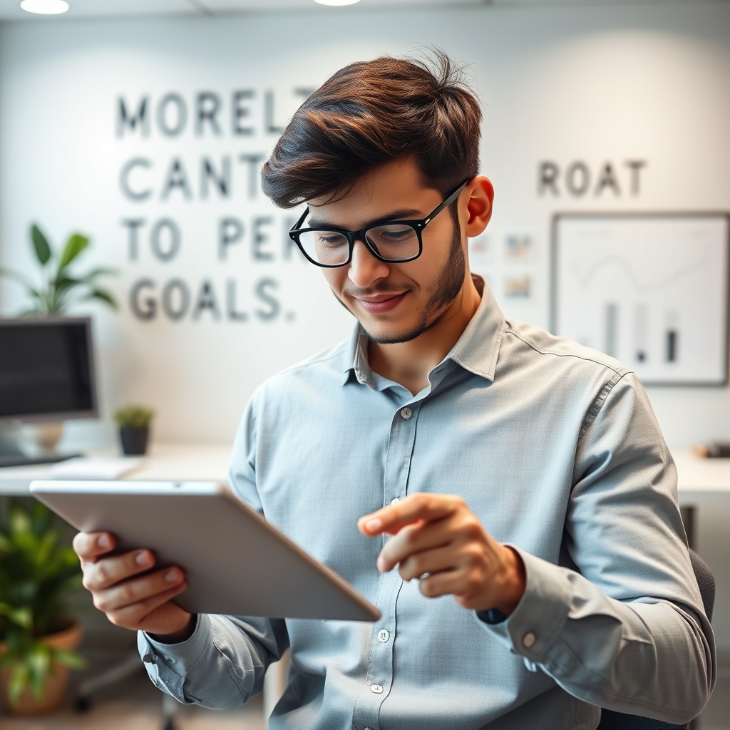 A professional stock photo of a young financial advisor setting business goals on a digital tablet, with a motivational office background, symbolizing ambition and strategic planning.