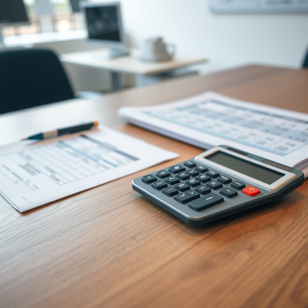 A professional stock photo of a calculator, financial documents, and a depreciation schedule laid out on a wooden desk with a blurred office background.