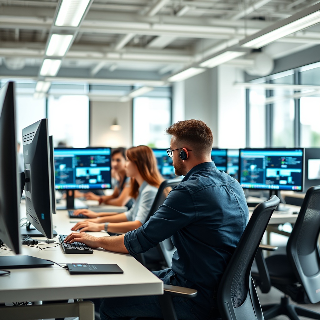 A professional stock photo of a software development team working on computers in a bright, modern office with a focus on digital assets and technology.