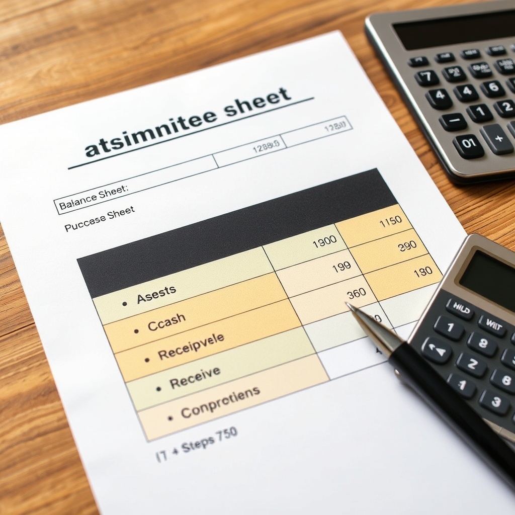 A professional stock photo of a balance sheet with highlighted sections showing assets, including cash and receivables, with a calculator and pen beside it on a wooden desk.