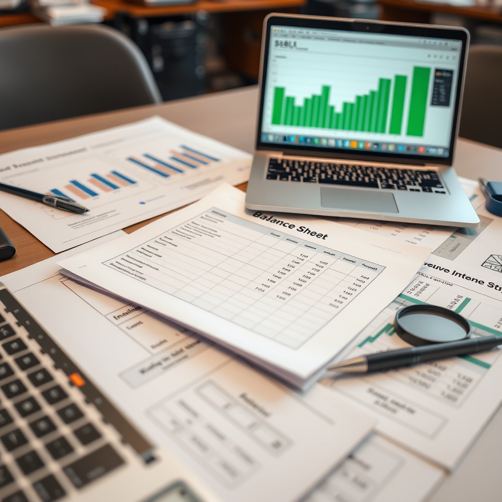 A professional stock photo of a manufacturing firm's financial documents spread out on a table, with a focus on the balance sheet section showing revenue impact, alongside a laptop displaying financial software.
