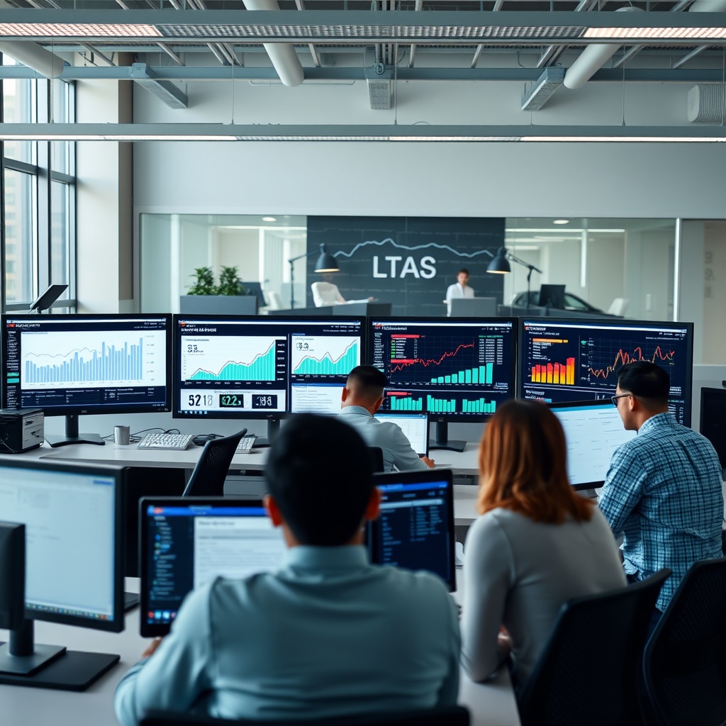 A modern office setting with a team analyzing digital advertising metrics on multiple screens, showcasing the shift from traditional to digital advertising strategies.