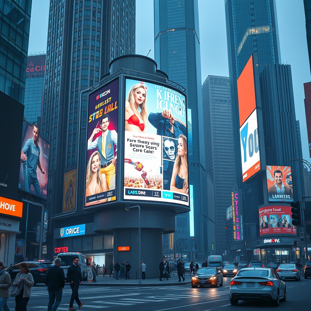 A futuristic digital billboard in a bustling city displaying dynamic advertisements, symbolising emerging advertising technologies and future trends.