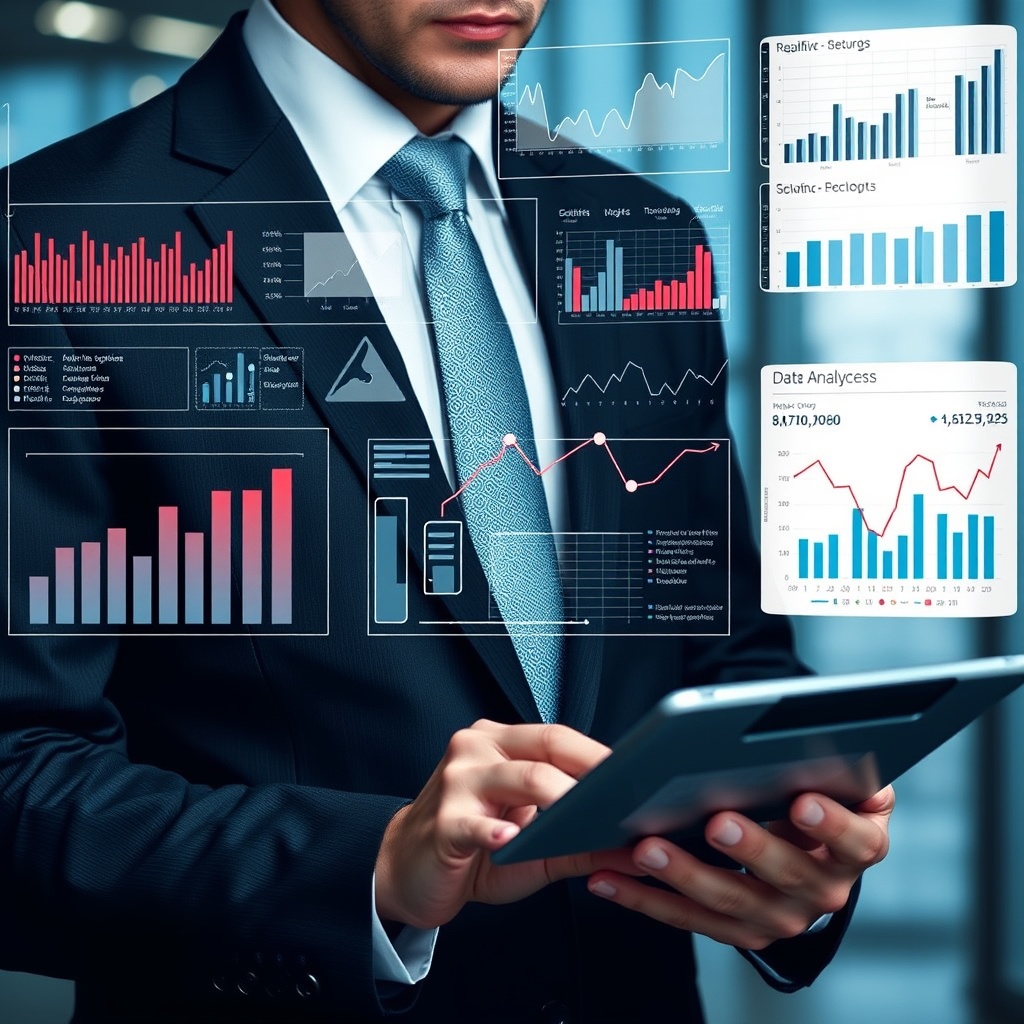 A professional in a business suit using a tablet to analyze big data charts and graphs, representing the role of data analytics in advertising decisions.