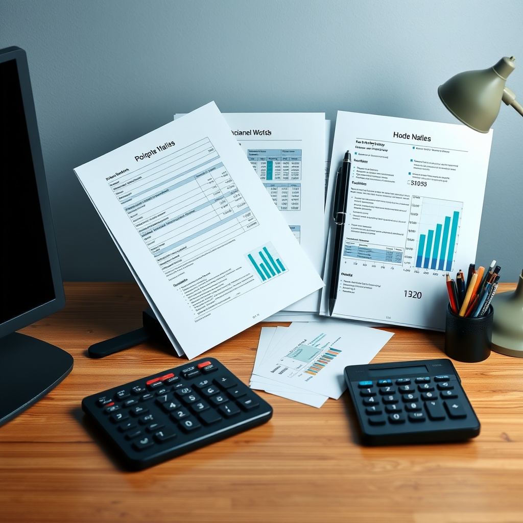 A professional desk setup with neatly organized financial documents and a calculator, symbolizing the preparation for financial analysis.