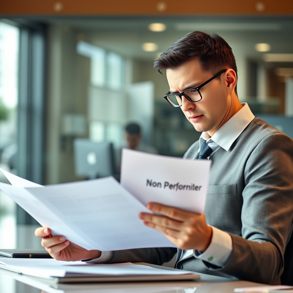A professional stock photo showing a real-world scenario of a bank dealing with Non-Performing Assets, perhaps a banker reviewing documents with a concerned expression, no text included.