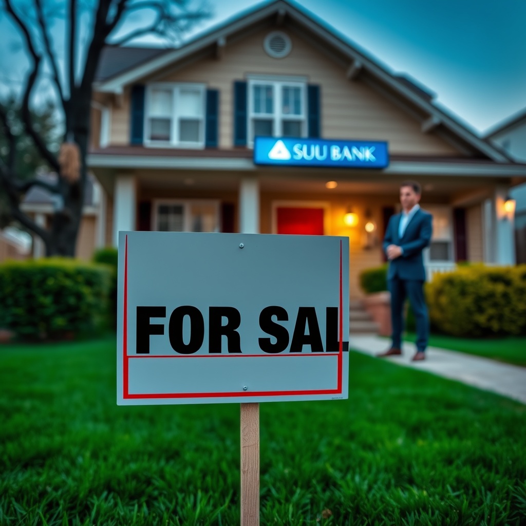 A professional stock photo illustrating the foreclosure process, possibly a 'For Sale' sign in front of a property with a bank representative in the background, no text on the image.