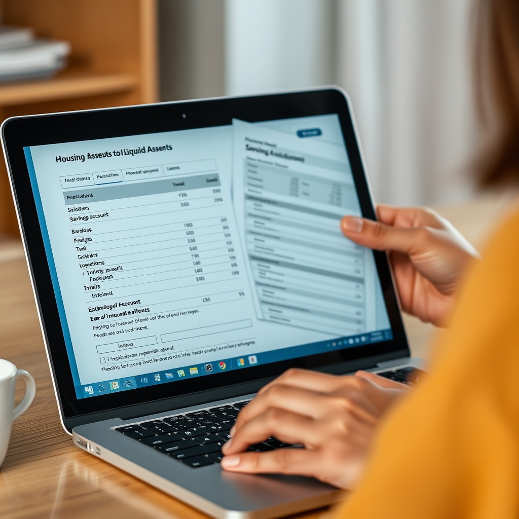 A professional stock photo of a person reviewing bank statements and savings account details on a laptop, symbolizing the impact of liquid assets on housing eligibility.
