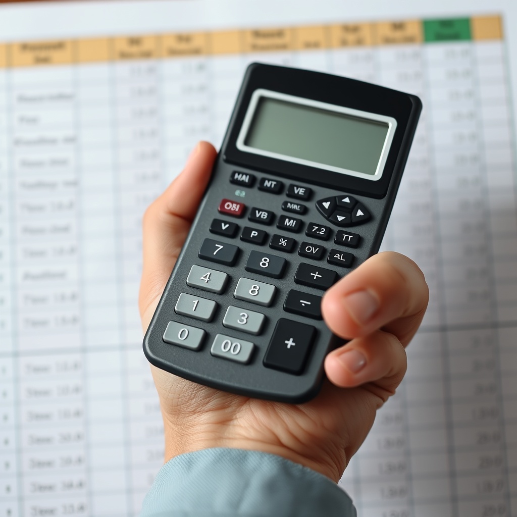 A close-up of a hand holding a calculator with a spreadsheet in the background, representing the process of calculating current assets.