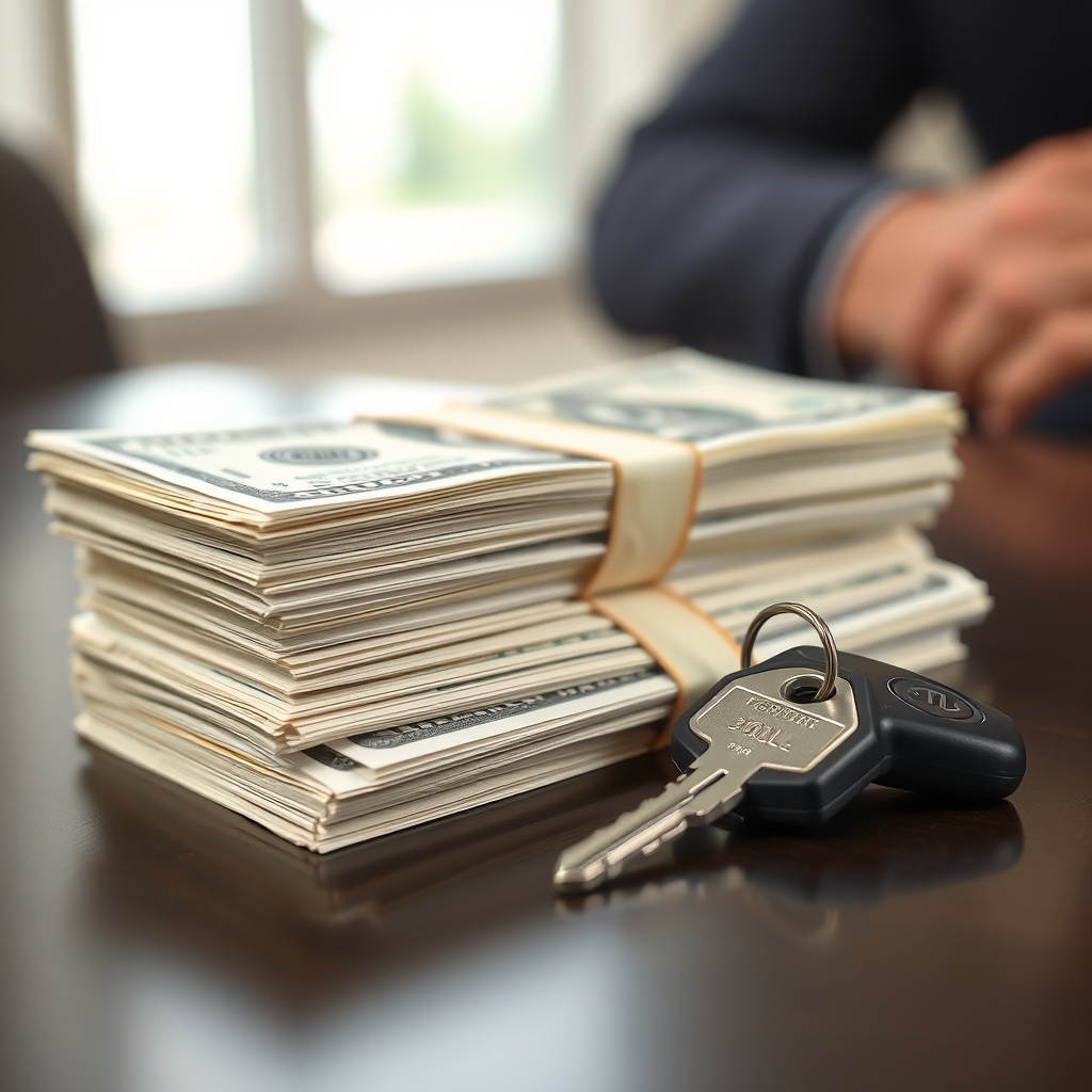 A professional stock photo contrasting a stack of cash next to a house key on a table, illustrating the difference between liquid and non-liquid assets in housing eligibility.