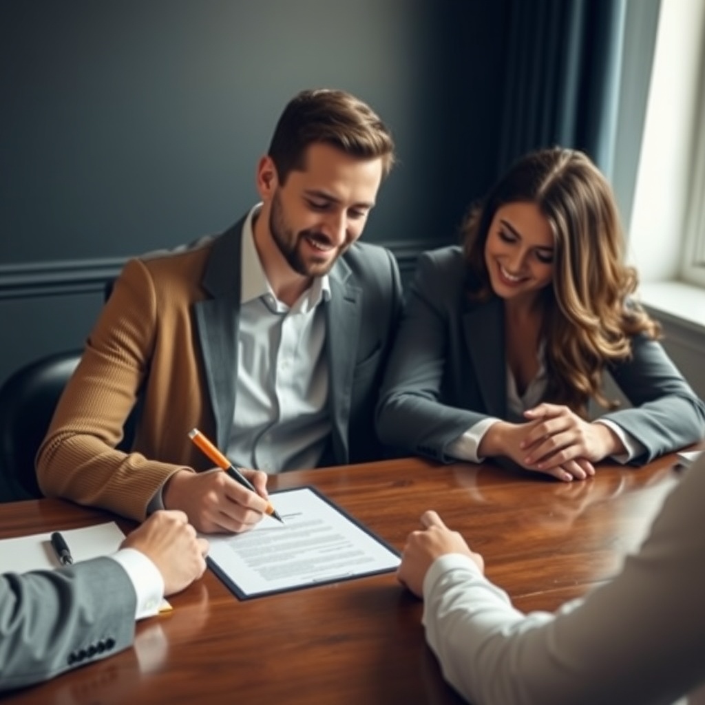 A professional stock photo of a couple signing a legal document at a table with a lawyer present, symbolizing the key components of a marital assets agreement.