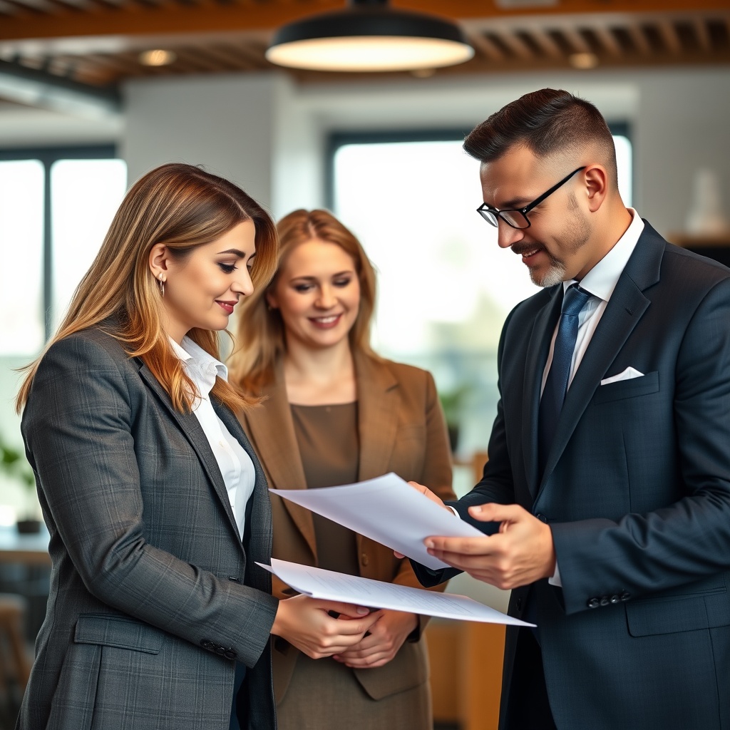 A professional stock photo of a lawyer in a suit discussing documents with a couple in an office, representing the importance of legal representation in marital agreements.